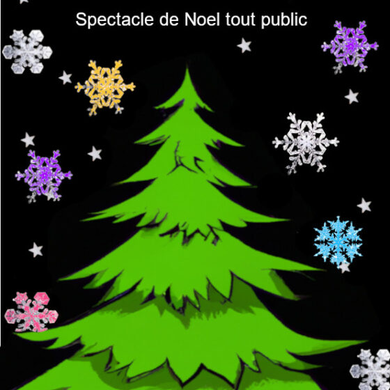 Affiche du spectacles contes sous le sapin représentant un sapin dessiné sur fond noir autour du quel tombe des flocons de neige multicolore