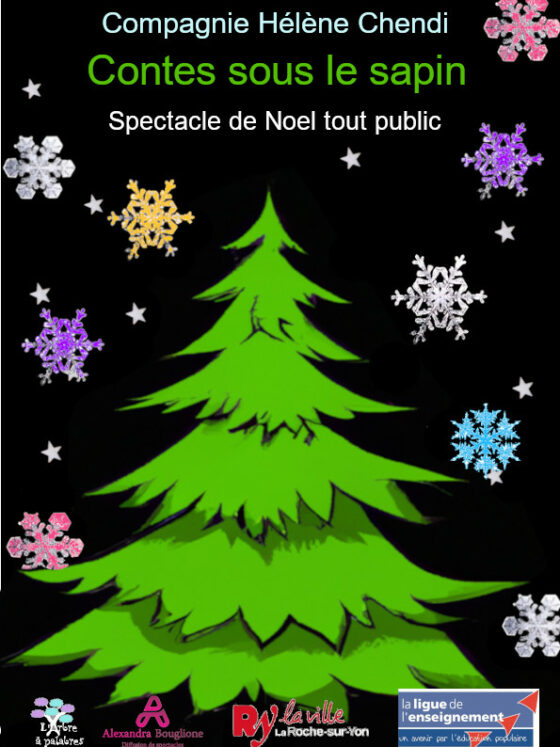 Affiche du spectacles contes sous le sapin représentant un sapin dessiné sur fond noir autour du quel tombe des flocons de neige multicolore