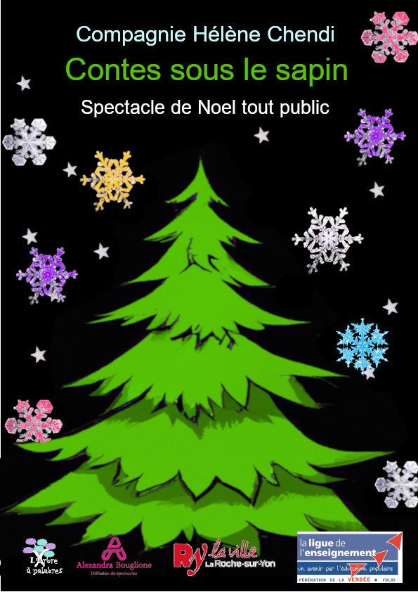 Affiche du spectacles contes sous le sapin représentant un sapin dessiné sur fond noir autour du quel tombe des flocons de neige multicolore